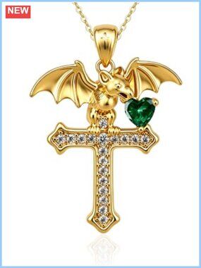 Gothic Bat Cross Pendant Necklace 18K Gold Plated Cubic Zirconia Heart
